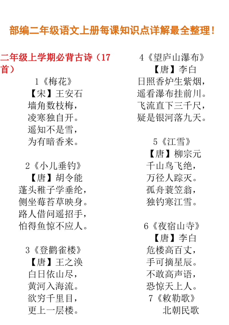 部编二年级语文上册每课知识点详解最全整理_小学1-6年级全部试卷_语文_二年级_3-7-1、小学二年级语文上册_3-7-1-1、复习、知识点、归纳汇总_部编版