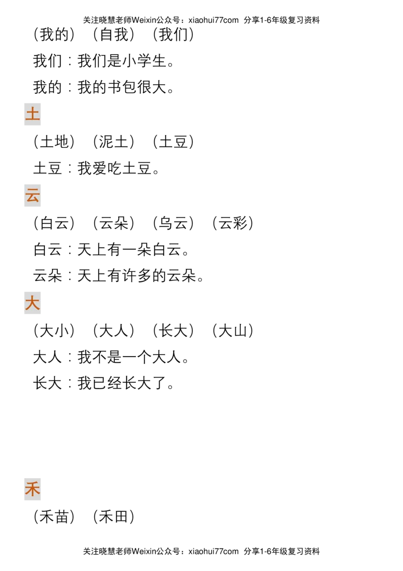 部编人教版一年级上册语文生字组词造句_小学1-6年级全部试卷_语文_一年级_3-6-1、小学一年级语文上册_3-6-1-1、复习、知识点、归纳汇总_部编版