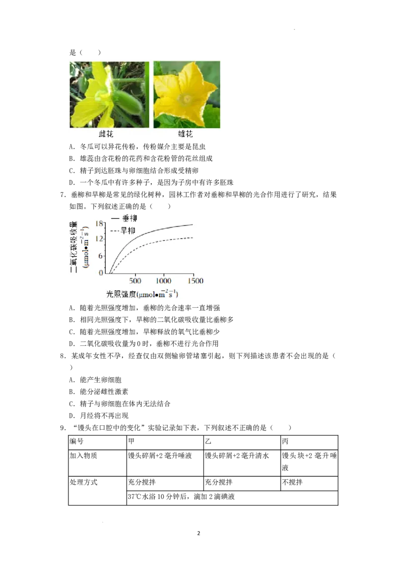 2022年湖南省湘潭市中考生物试卷（原卷版）_8.生物中考真题2015-2024年_地区卷_湖南省_湖南湘潭生物18-22
