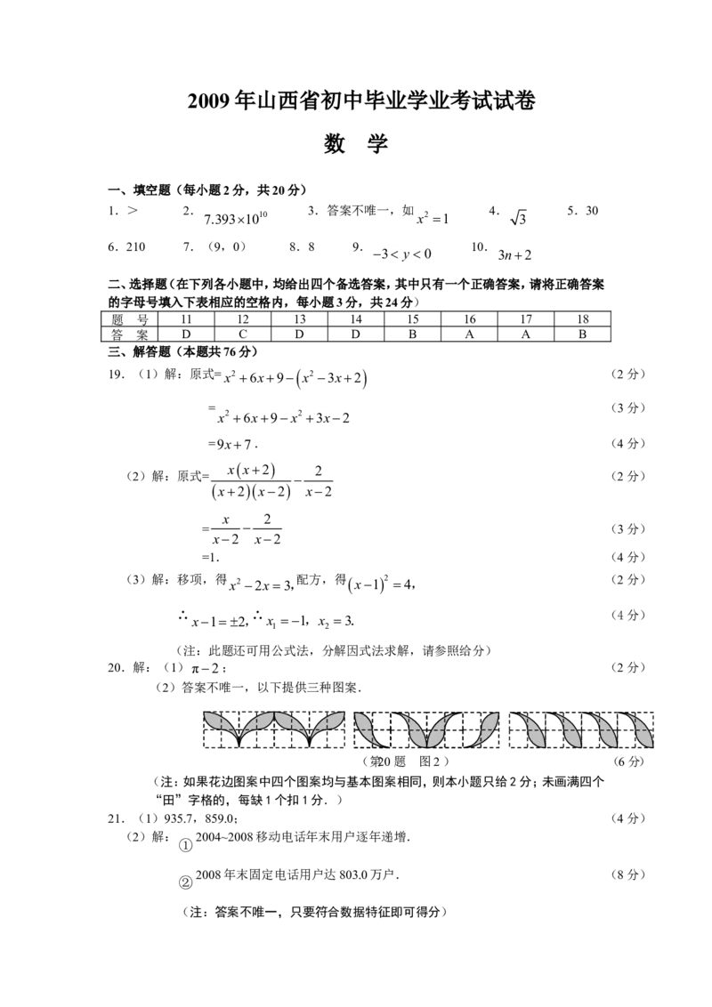 2009年山西省中考数学试题及答案_中考真题_2.数学中考真题2015-2024年_地区卷_山西中考数学2008---2022年（山西省统一试卷）