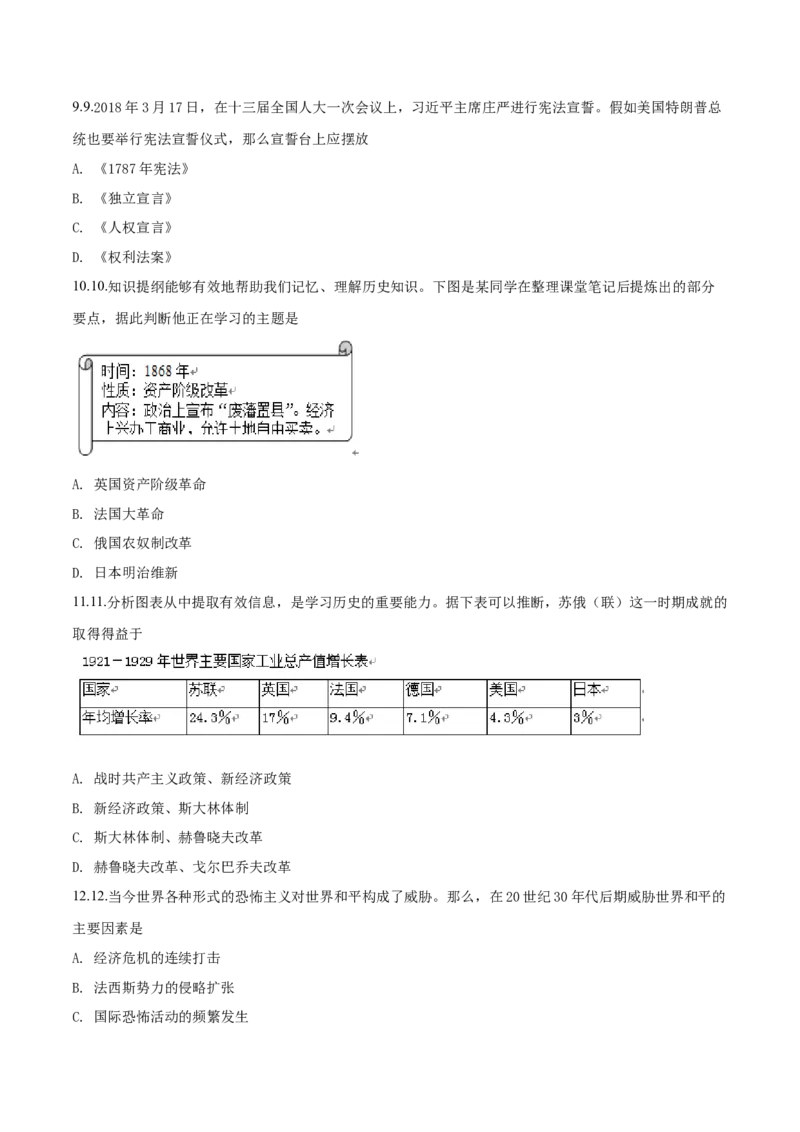 四川省乐山市2018年中考历史试题（原卷版）_6.历史中考真题2015-2024年_地区卷_乐山历史（17-21）
