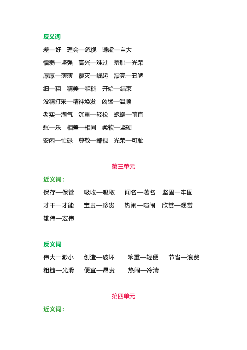 部编版三年级语文下册各单元近、反义词汇总_小学1-6年级全部试卷_语文_三年级_3-8-2、小学三年级语文下册_3-8-2-1、学习资料、复习、知识点、归纳汇总_部编版