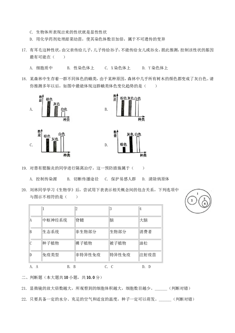 2019年湖南省衡阳市中考生物真题及答案_8.生物中考真题2015-2024年_地区卷_湖南省_湖南衡阳生物17-22