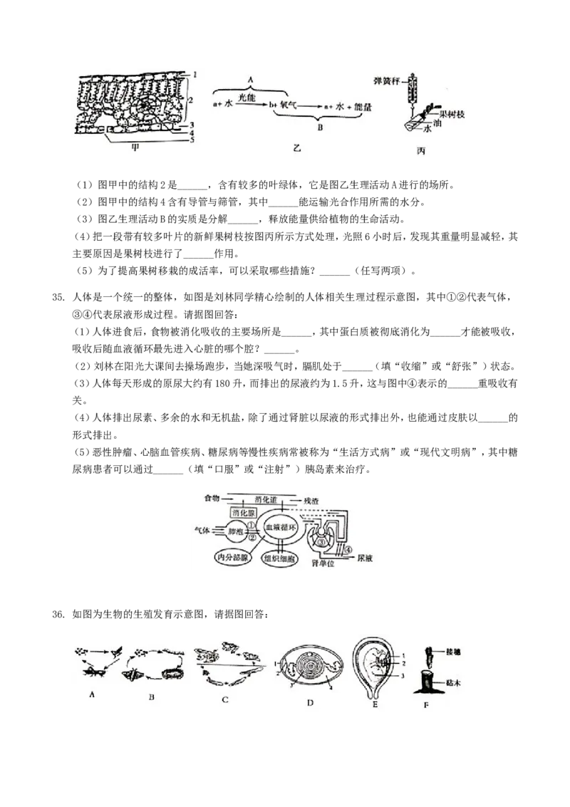 2019年湖南省衡阳市中考生物真题及答案_8.生物中考真题2015-2024年_地区卷_湖南省_湖南衡阳生物17-22