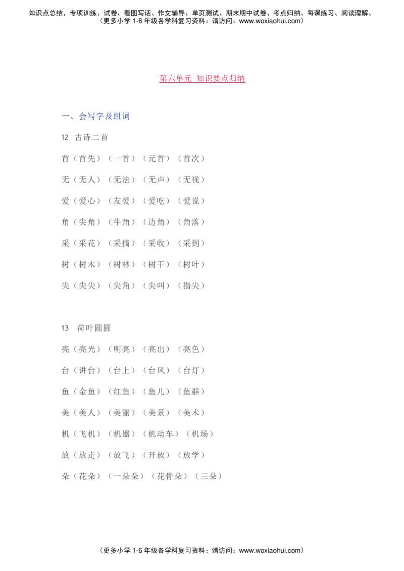 部编一年级语文（下册）全册知识要点汇总_小学1-6年级全部试卷_语文_一年级_3-6-2、小学一年级语文下册_3-6-2-1、复习、知识点、归纳汇总_部编版