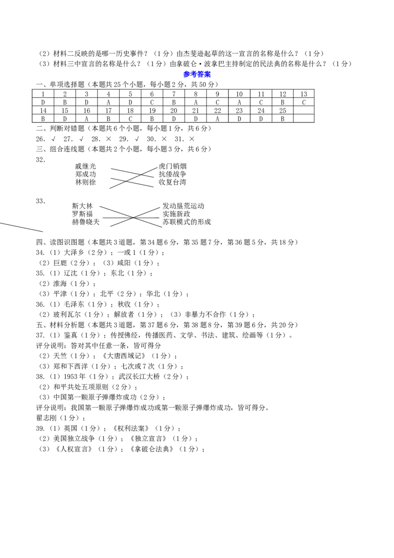 2019年黑龙江省绥化市中考历史真题及答案_6.历史中考真题2015-2024年_地区卷_黑龙江省_黑龙江绥化历史18-21