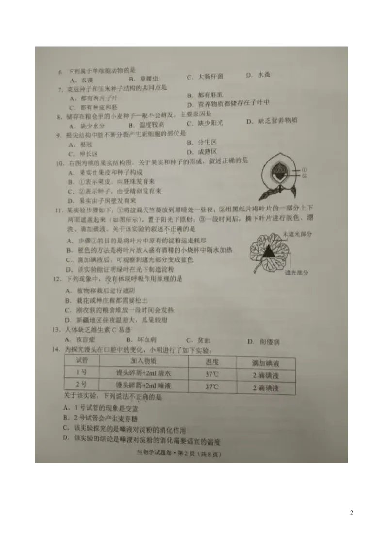 云南省2016年中考生物真题试题（扫描版，含答案）_8.生物中考真题2015-2024年_2016年全国中考生物74份