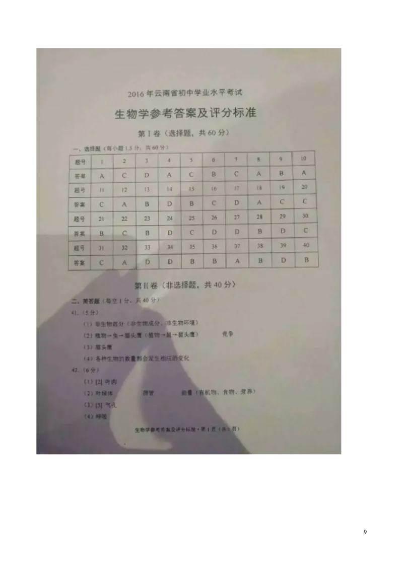 云南省2016年中考生物真题试题（扫描版，含答案）_8.生物中考真题2015-2024年_2016年全国中考生物74份