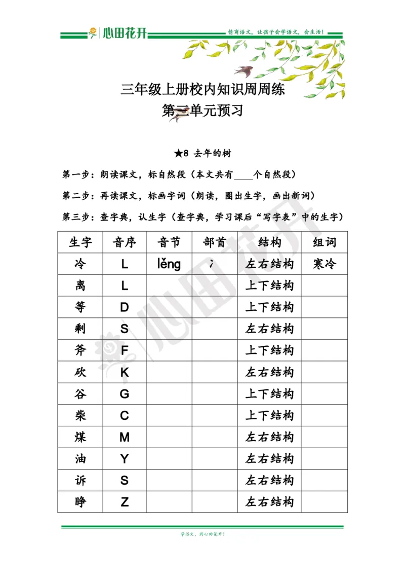 语文基本功训练营&mdash;三年级上册校内知识周周练第3单元预习（部编版）_小学1-6年级全部试卷_语文_三年级_3-8-1、小学三年级语文上册_3-8-1-1、复习、知识点、归纳汇总_部编（人教）版