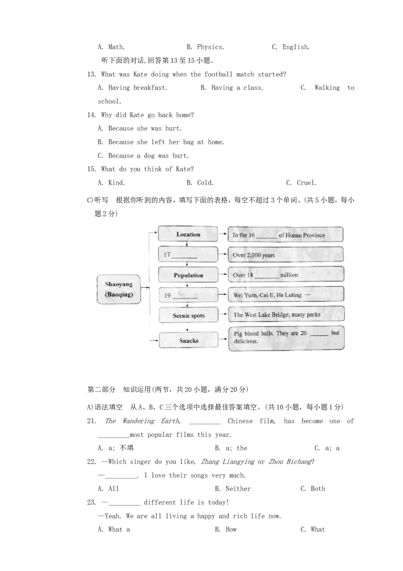 2019年湖南省邵阳市中考英语真题及答案_中考真题_3.英语中考真题2015-2024年_地区卷_湖南省_邵阳英语16-22