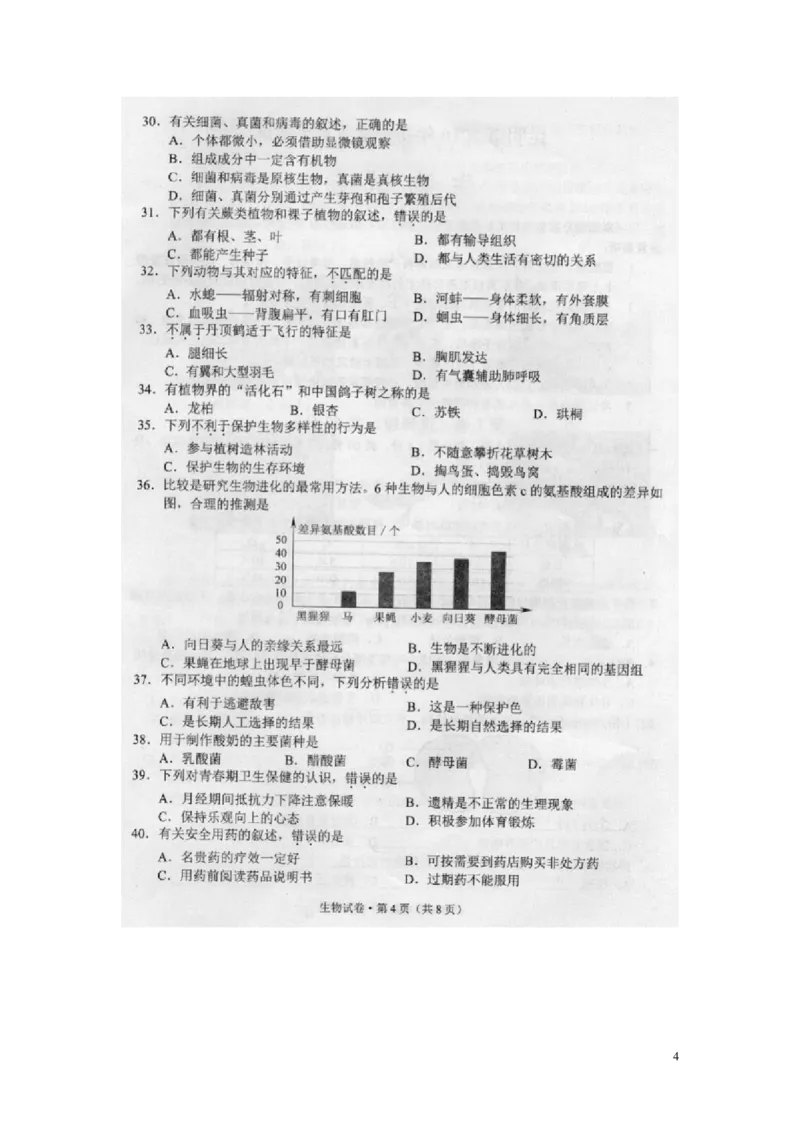 云南省昆明市2016年中考生物真题试题（扫描版，含答案）_8.生物中考真题2015-2024年_2016年全国中考生物74份