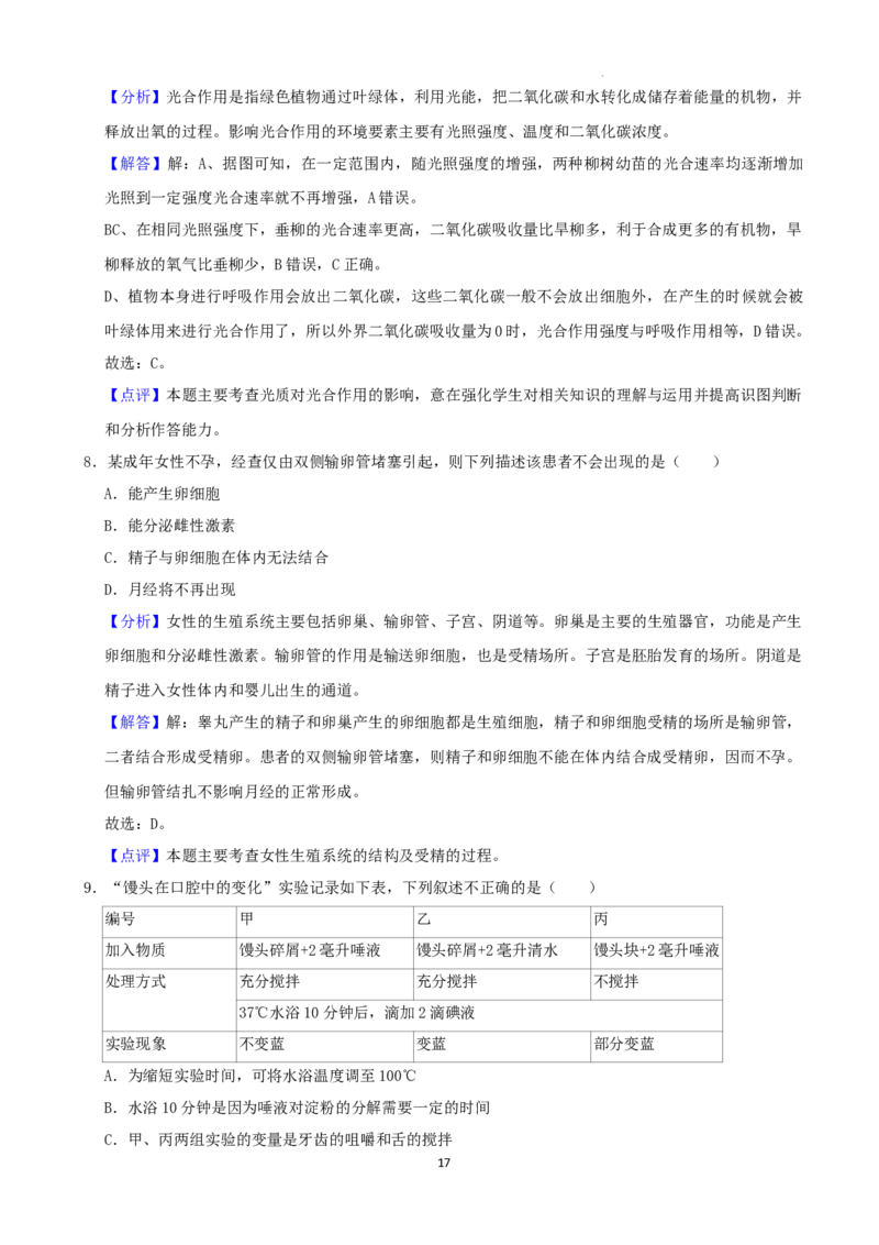2022年湖南省湘潭市中考生物试卷（解析版）_8.生物中考真题2015-2024年_地区卷_湖南省_湖南湘潭生物18-22