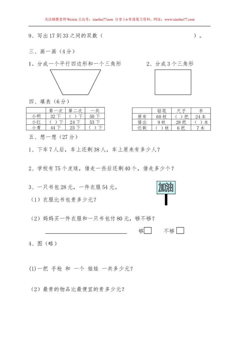 苏教版一年级下册数学期末考试试卷(9套)_小学1-6年级全部试卷_数学_一年级_3-6-4、小学一年级数学下册_3-6-4-2、练习题、作业、试题、试卷_苏教版_期末测试卷