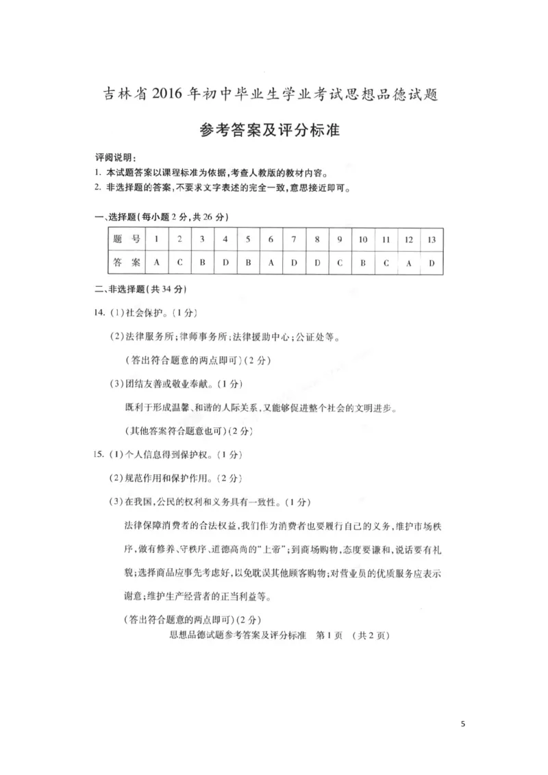 吉林省2016年中考政治真题试题（扫描版，含答案）_7.政治中考真题2015-2024年_2016年全国中考政治91份