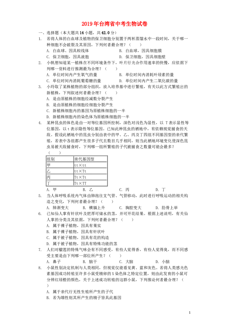 台湾省2019年中考生物真题试题（含解析）_8.生物中考真题2015-2024年_2019年全国中考生物92份