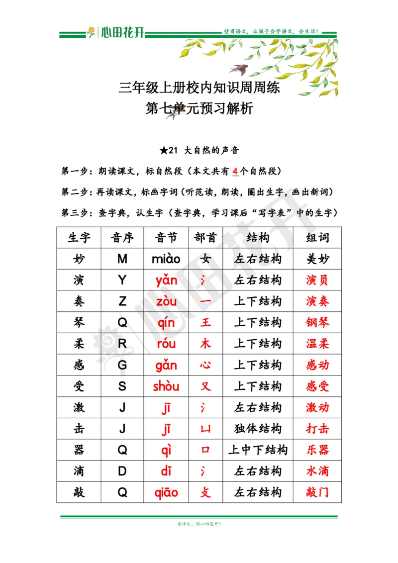 语文基本功训练营&mdash;三年级上册校内知识周周练第7单元预习解析（部编版）_小学1-6年级全部试卷_语文_三年级_3-8-1、小学三年级语文上册_3-8-1-1、复习、知识点、归纳汇总