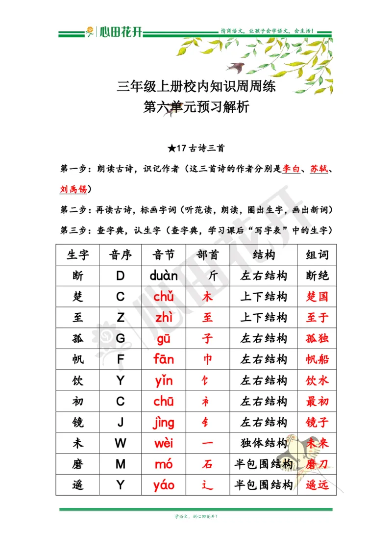 语文基本功训练营&mdash;三年级上册校内知识周周练第6单元预习解析（部编版）_小学1-6年级全部试卷_语文_三年级_3-8-1、小学三年级语文上册_3-8-1-1、复习、知识点、归纳汇总