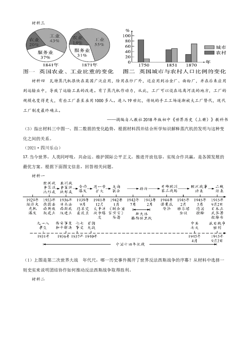 四川省乐山市2021年中考历史试题（原卷版）_6.历史中考真题2015-2024年_2021中考历史真题102份_乐山历史