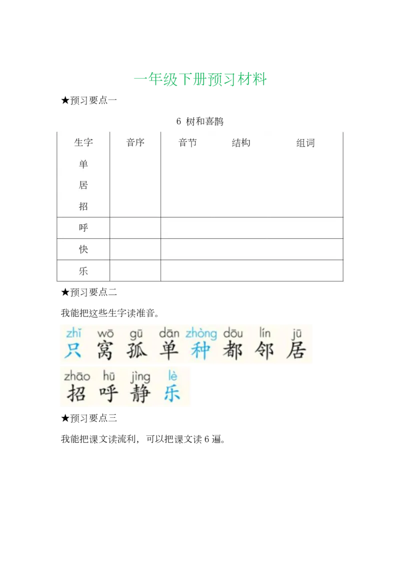 语文一年级下册全部课文预习单_小学1-6年级全部试卷_语文_一年级_3-6-2、小学一年级语文下册_3-6-2-1、复习、知识点、归纳汇总_通用