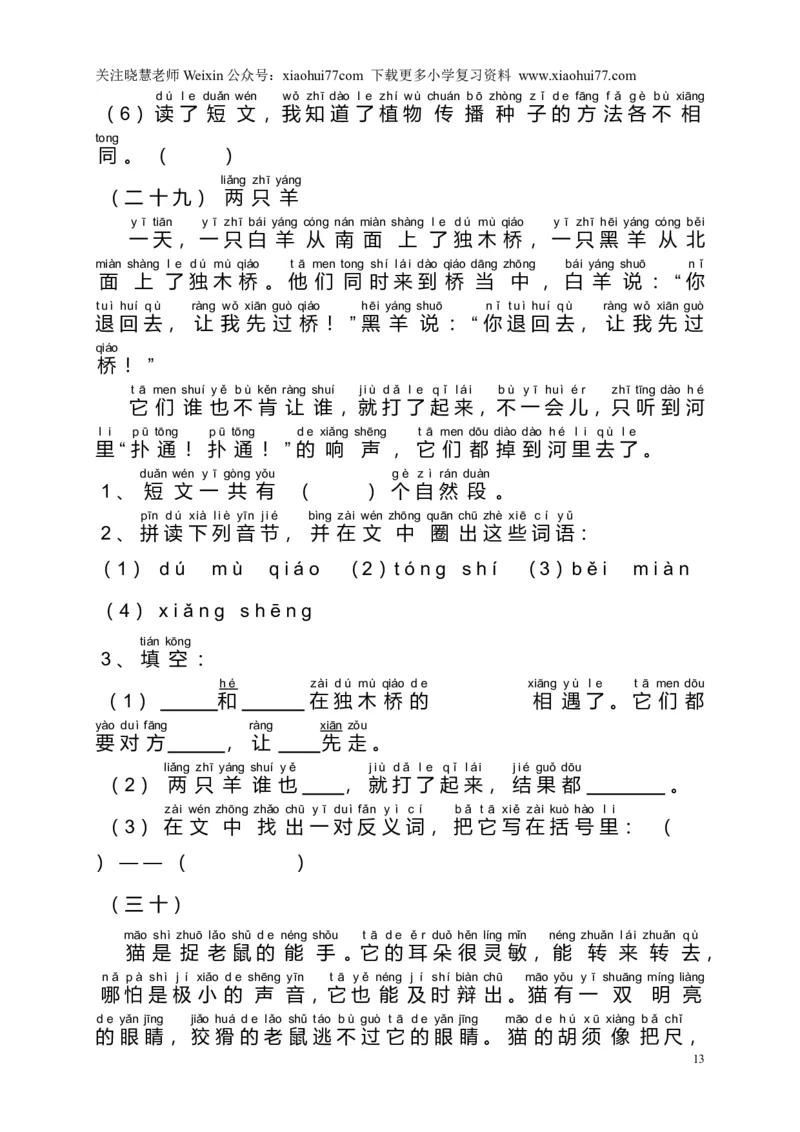 部编版一年级语文上册-阅读理解带拼音版本_小学1-6年级全部试卷_语文_一年级_3-6-1、小学一年级语文上册_3-6-1-2、练习题、作业、试题、试卷_部编（人教）版_专项练习