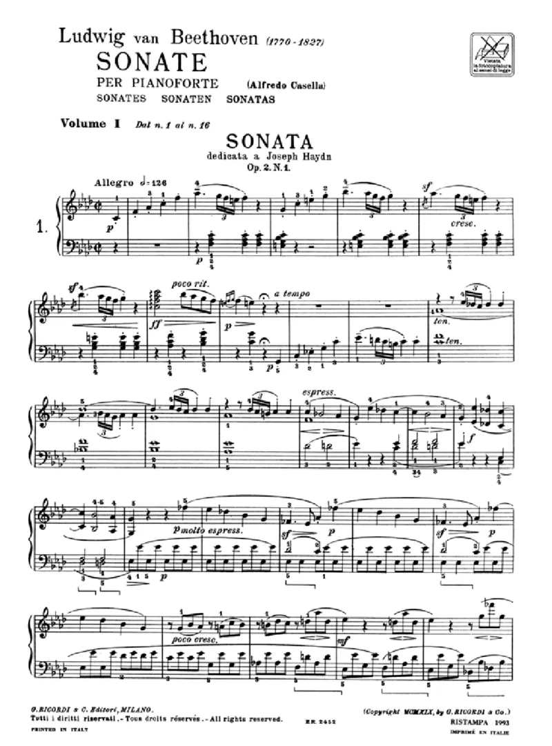贝多芬钢琴奏鸣曲集上册（Ricordi出版AlfredoCasella编订）_一万首著名钢琴曲谱哈农贝多芬合集视频教学电子版高清无水印可打印_1古典钢琴知名音乐家谱_贝多芬钢琴谱全集