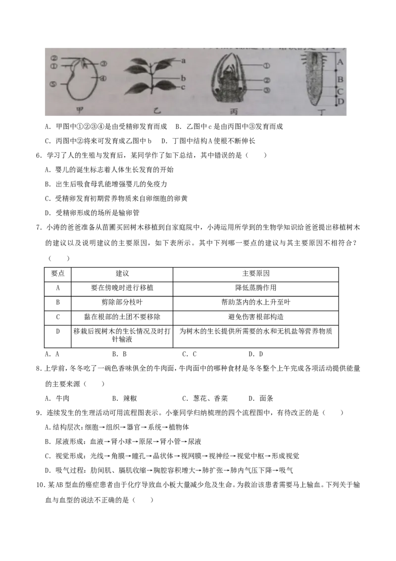 2019年湖南省张家界市中考生物真题及答案_8.生物中考真题2015-2024年_地区卷_湖南省_湖南张家界生物18-21