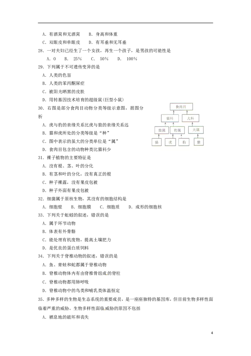 云南省2015年中考生物真题试题（含扫描答案）_8.生物中考真题2015-2024年_2015年全国中考生物74份