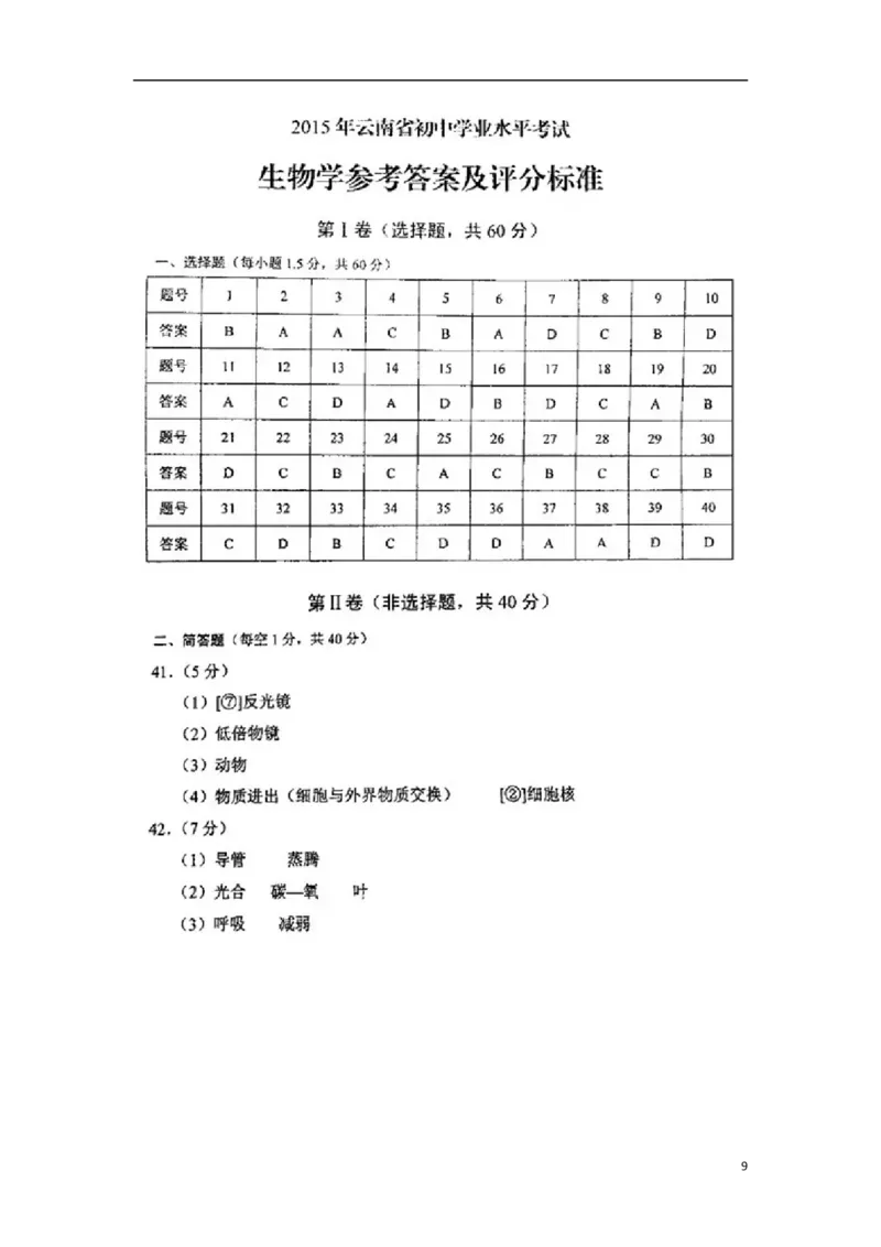 云南省2015年中考生物真题试题（含扫描答案）_8.生物中考真题2015-2024年_2015年全国中考生物74份