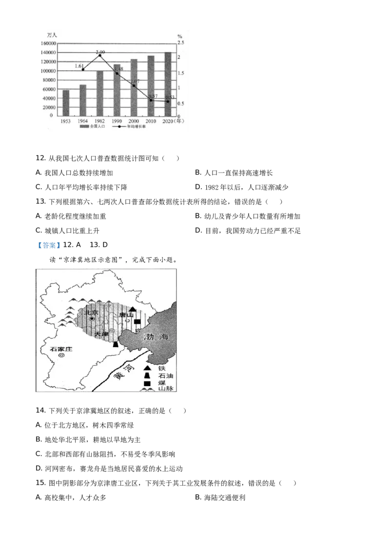 云南省2021年中考地理真题（解析版）-副本_9.地理中考真题2015-2024年_地区卷_云南省_云南地理12-22（云南省统一试卷）