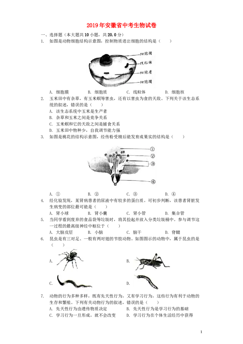 安徽省2019年中考生物真题试题（含解析）_8.生物中考真题2015-2024年_地区卷_安徽15-22