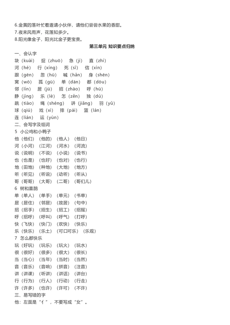 部编版一年级语文下册知识点总结(全册1-8单元)_小学1-6年级全部试卷_语文_一年级_3-6-2、小学一年级语文下册_3-6-2-1、复习、知识点、归纳汇总_部编版