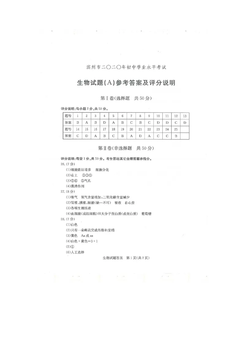 2020年山东滨州中考生物真题及答案_8.生物中考真题2015-2024年_地区卷_山东省_山东滨州生物18-20