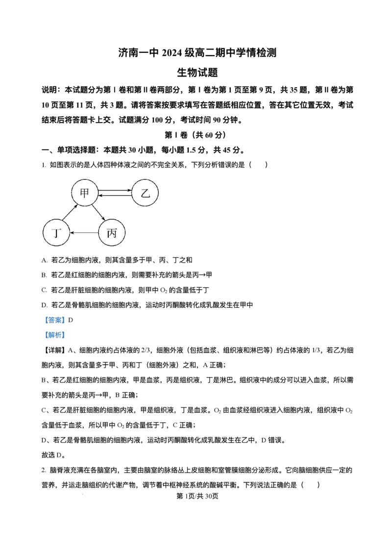 -山东省济南第一中学2025-2026学年高二上学期期中考试生物试题含答案_251218山东省济南第一中学2025-2026学年高二上学期期中学情检测