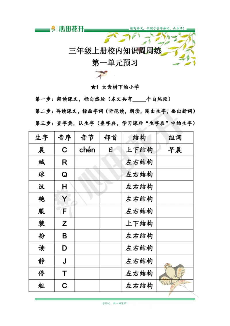 语文基本功训练营&mdash;三年级上册校内知识周周练第1单元预习（部编版）_小学1-6年级全部试卷_语文_三年级_3-8-1、小学三年级语文上册_3-8-1-1、复习、知识点、归纳汇总_部编（人教）版