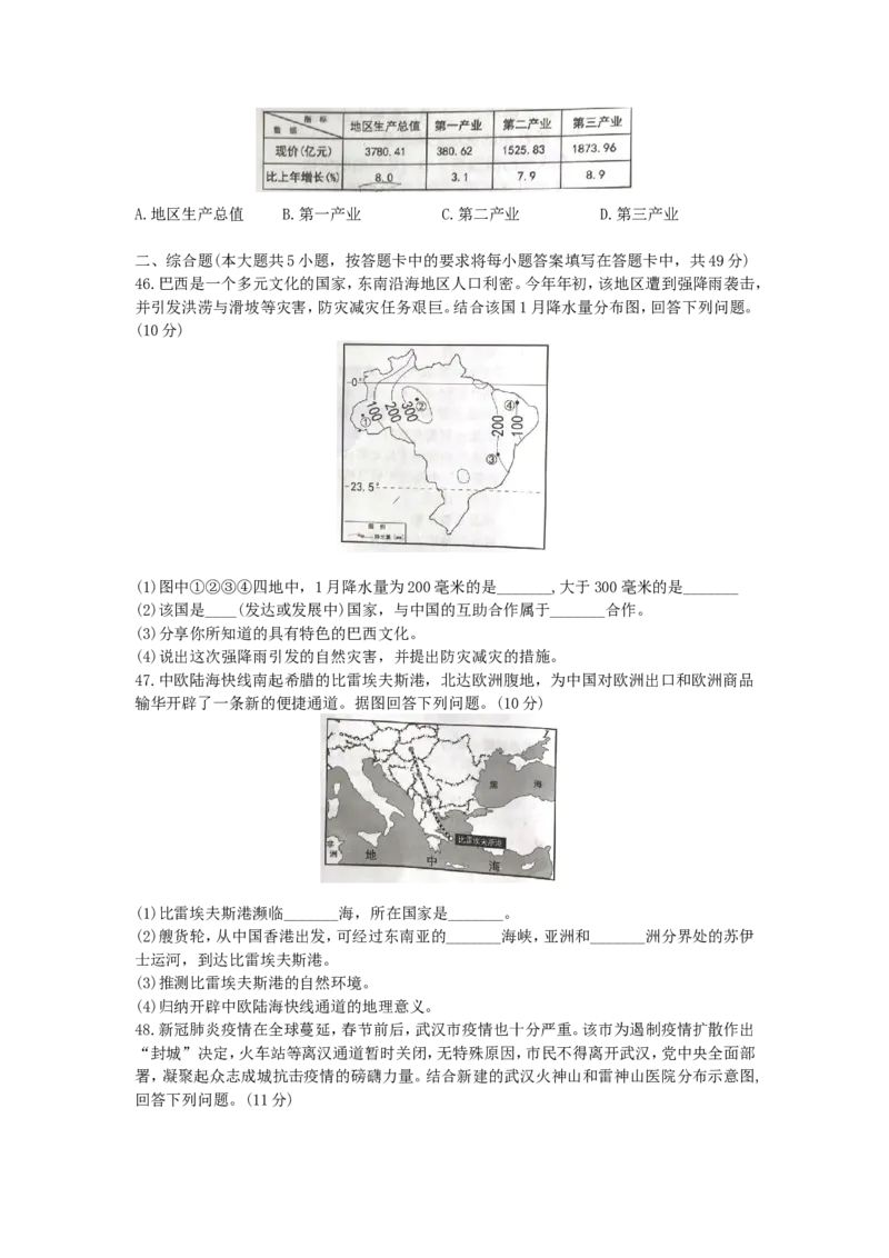 2020年湖南岳阳中考地理试题（原卷版）_9.地理中考真题2015-2024年_地区卷_湖南省_湖南岳阳地理17-22