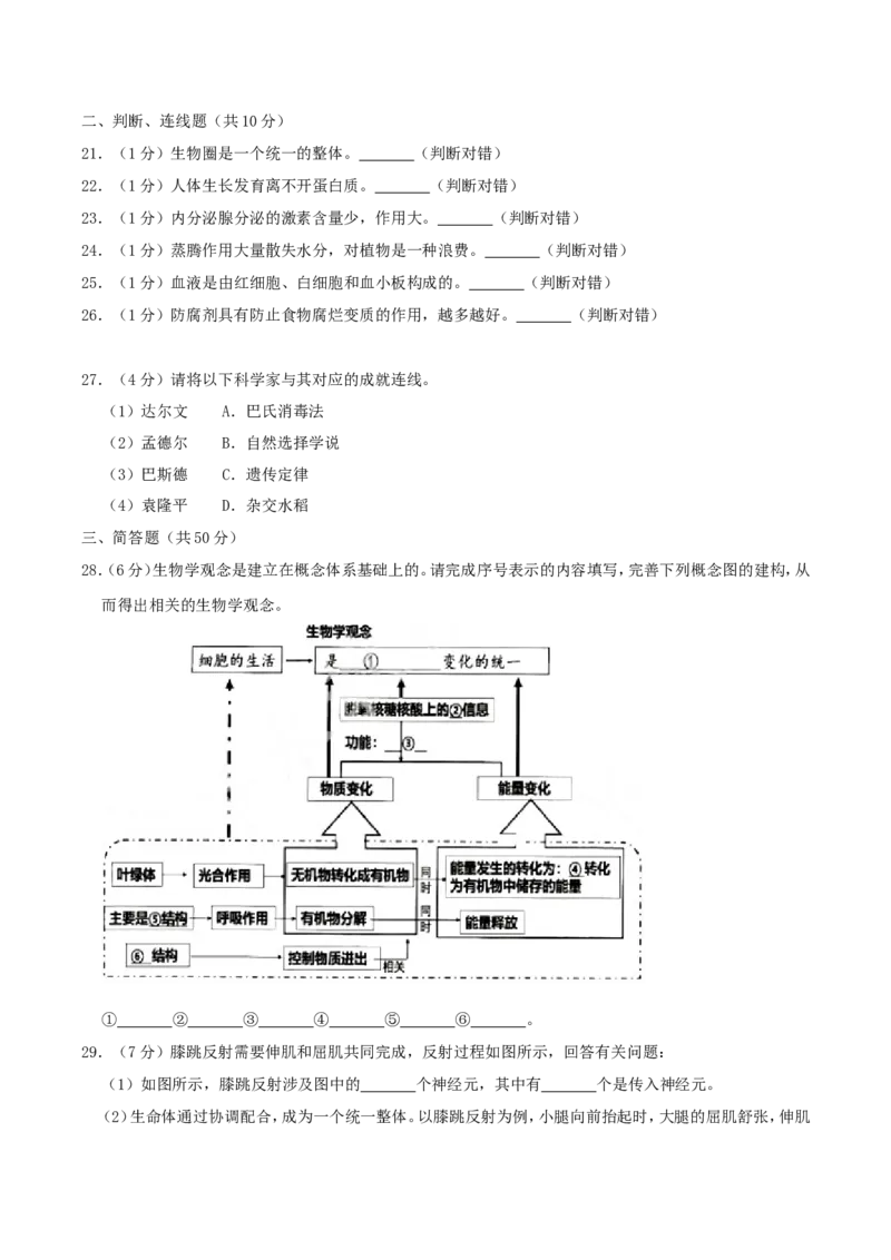 2020年湖南省株洲市中考生物真题及答案_8.生物中考真题2015-2024年_地区卷_湖南省_湖南株洲生物19-22