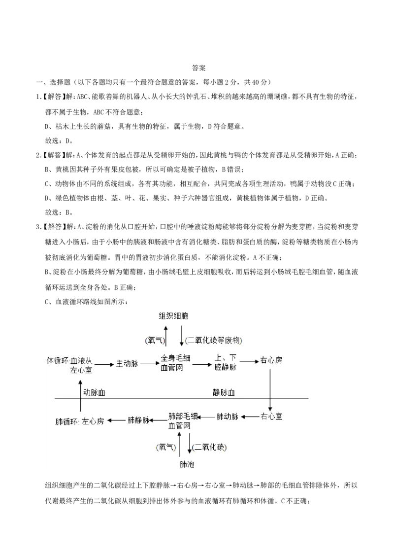 2020年湖南省株洲市中考生物真题及答案_8.生物中考真题2015-2024年_地区卷_湖南省_湖南株洲生物19-22