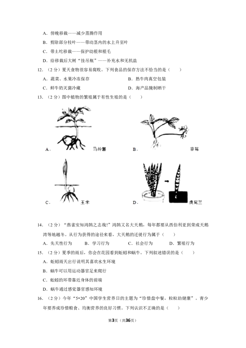 2021年山东省烟台市中考生物真题（解析版）_8.生物中考真题2015-2024年_地区卷_山东省_烟台中考生物08-22