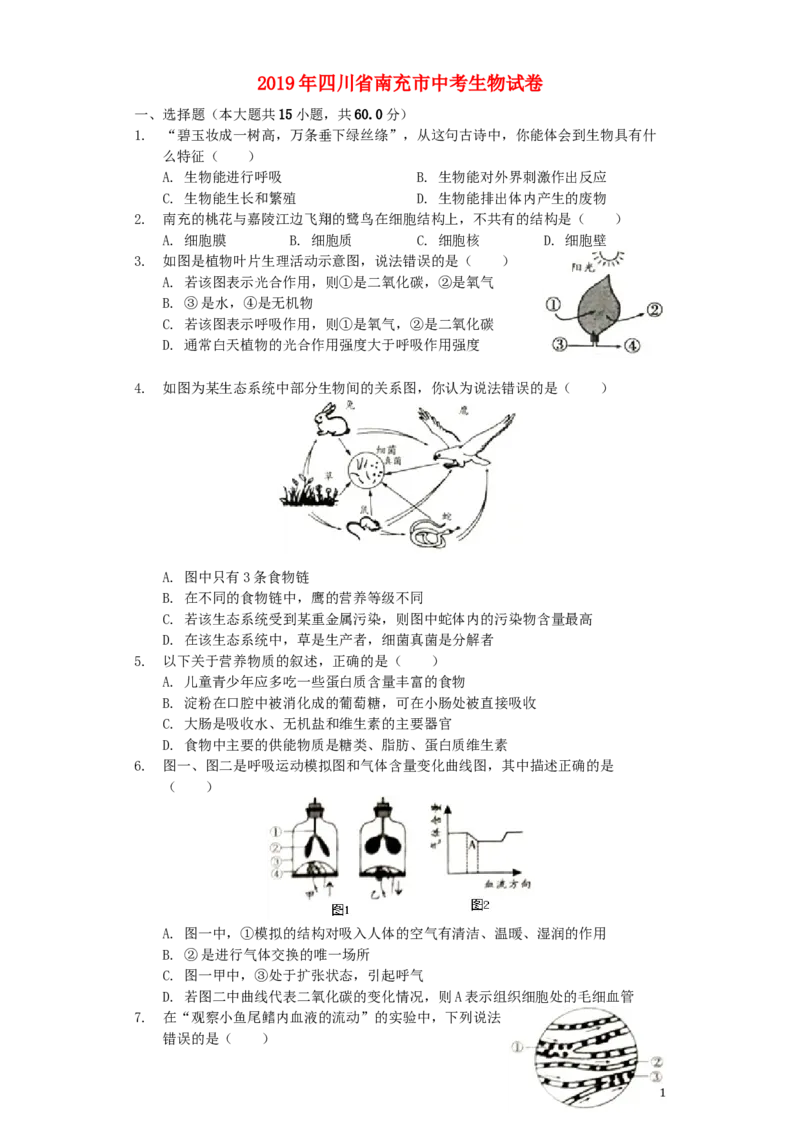 四川省南充市2019年中考生物真题试题（含解析）_8.生物中考真题2015-2024年_2019年全国中考生物92份