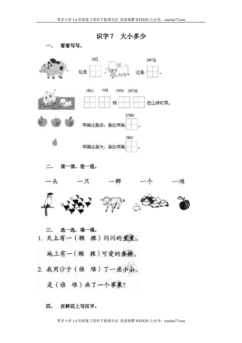 部编版-一年级上册上学期一课一练习题-语文课时练：大小多少_小学1-6年级全部试卷_语文_一年级_3-6-1、小学一年级语文上册_3-6-1-2、练习题、作业、试题、试卷_部编（人教）版_课时练