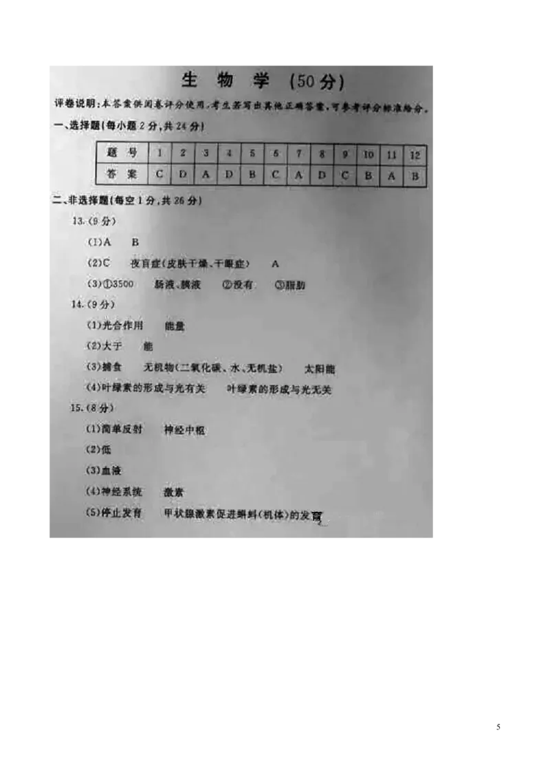 内蒙古包头市2016年中考生物真题试题（扫描版，含答案）_8.生物中考真题2015-2024年_2016年全国中考生物74份