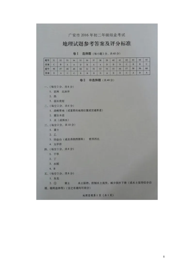 四川省广安市2016年中考地理真题试题（扫描版，含答案）_9.地理中考真题2015-2024年_2016年全国中考地理65份