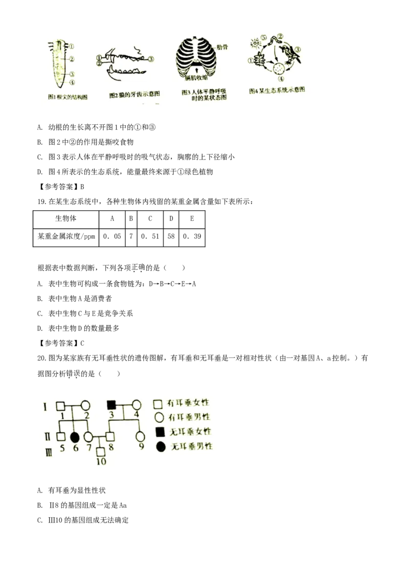 2020年湖南衡阳中考生物试题及答案_8.生物中考真题2015-2024年_地区卷_湖南省_湖南衡阳生物17-22