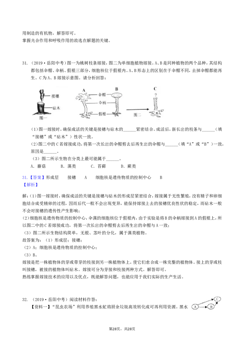 2019年湖南省岳阳市中考生物真题及答案_8.生物中考真题2015-2024年_地区卷_湖南省_湖南岳阳生物17-22缺21