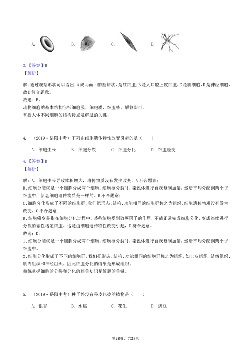 2019年湖南省岳阳市中考生物真题及答案_8.生物中考真题2015-2024年_地区卷_湖南省_湖南岳阳生物17-22缺21