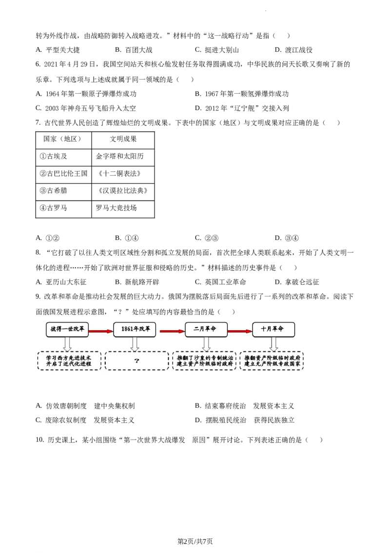 2021年辽宁省大连市中考历史试题（原卷版）_6.历史中考真题2015-2024年_地区卷_辽宁历史_辽宁历史_大连历史18-22