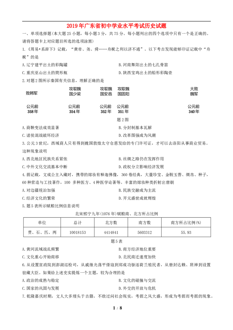 2019广东省历史中考试卷及参考答案_6.历史中考真题2015-2024年_地区卷_广东省_广东历史（广东省统一试卷）08-21