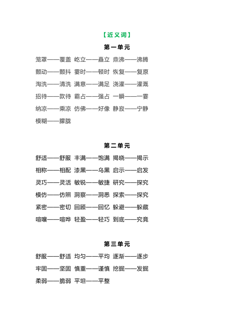 部编语文四年级上册各单元近反义词汇总_小学1-6年级全部试卷_语文_四年级_3-9-1、小学四年级语文上册_3-9-1-1、复习、知识点、归纳汇总_部编版