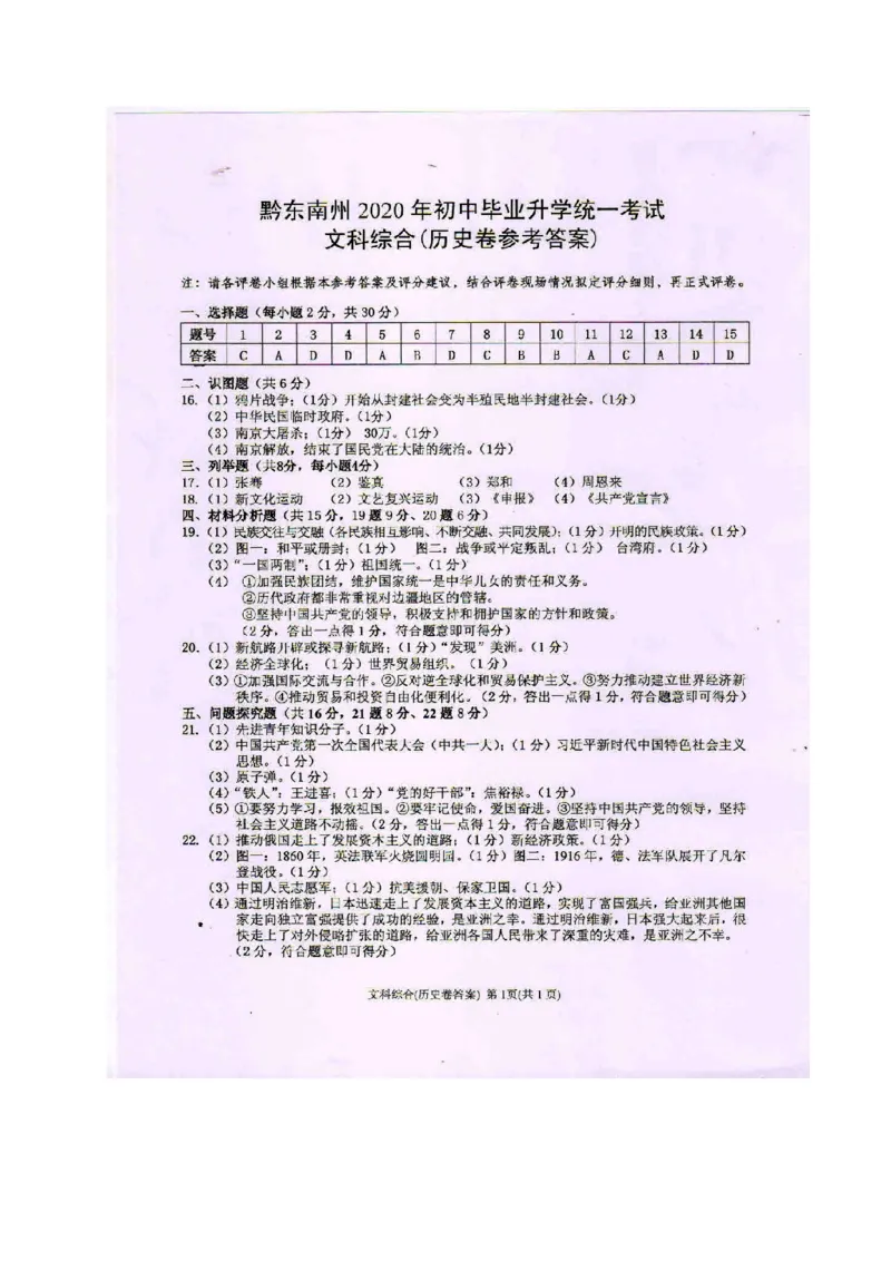 2020年贵州黔东南州中考历史真题及答案_6.历史中考真题2015-2024年_地区卷_贵州省_黔东南历史16.18.20-22