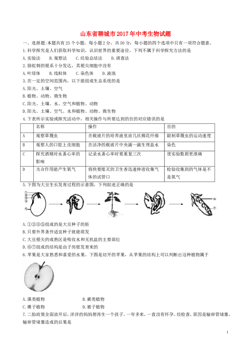 山东省聊城市2017年中考生物真题试题（含答案）_8.生物中考真题2015-2024年_2017年全国中考生物124份